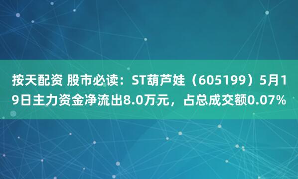 按天配资 股市必读：ST葫芦娃（605199）5月19日主力资金净流出8.0万元，占总成交额0.07%
